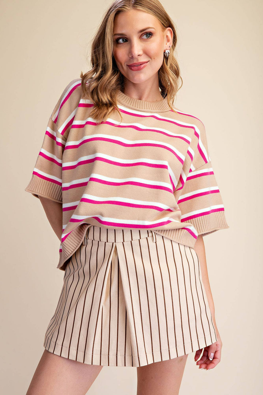 Crew-Neck Stripe Sweater: Brown / S
