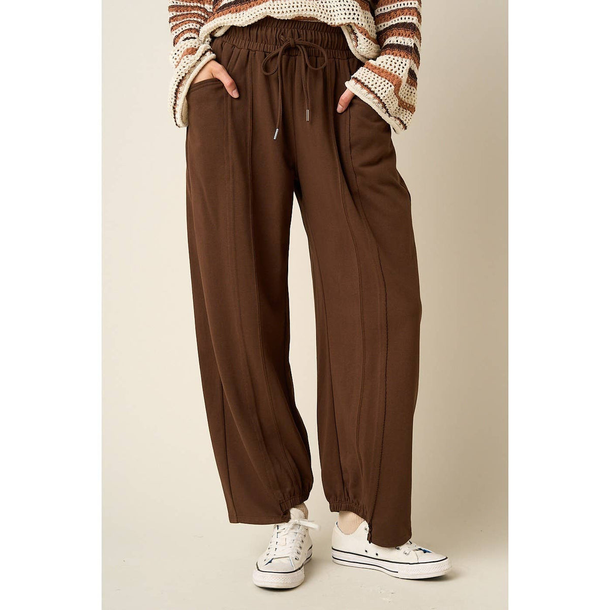 SEAM DETAIL DRAWSTRING BARREL LEG CASUAL PANTS: CHOCOLATE / S-M-L(2-2-2)