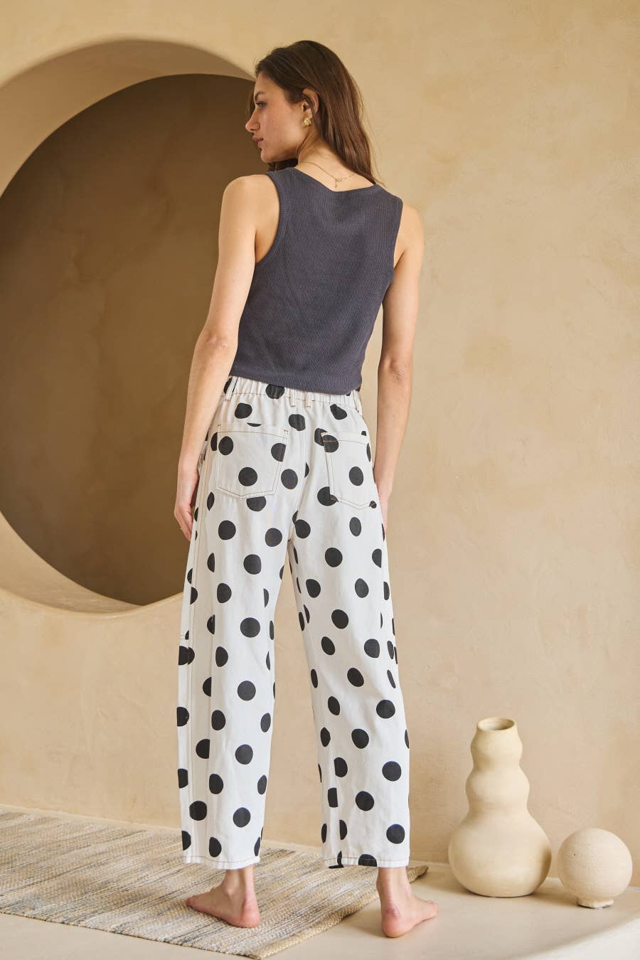 Polka Dot Printed Barrel Denim Pants: Ivory / M