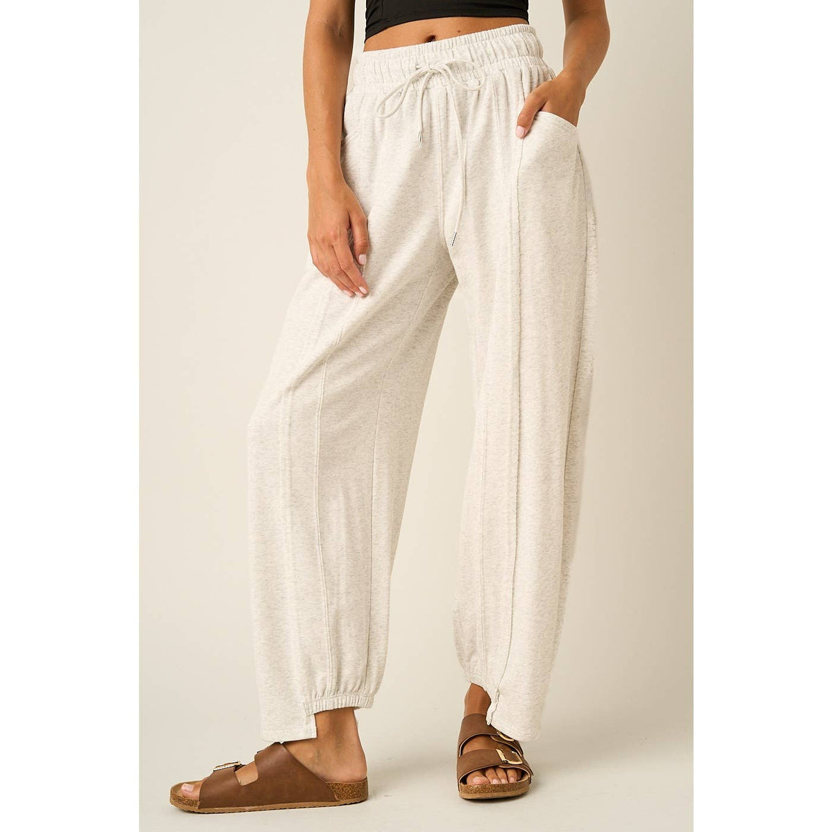 SEAM DETAIL DRAWSTRING BARREL LEG CASUAL PANTS: CHOCOLATE / S-M-L(2-2-2)