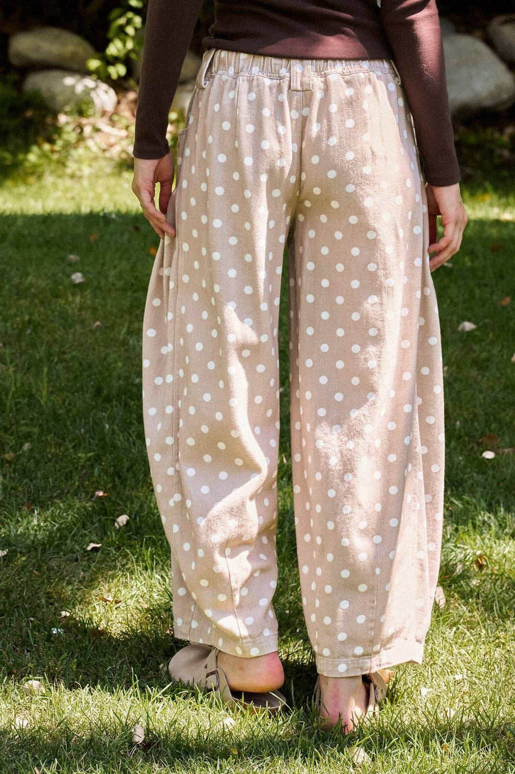 Polka Dot Barrel Leg Pants in Cotton Twill: Taupe / S-M-L