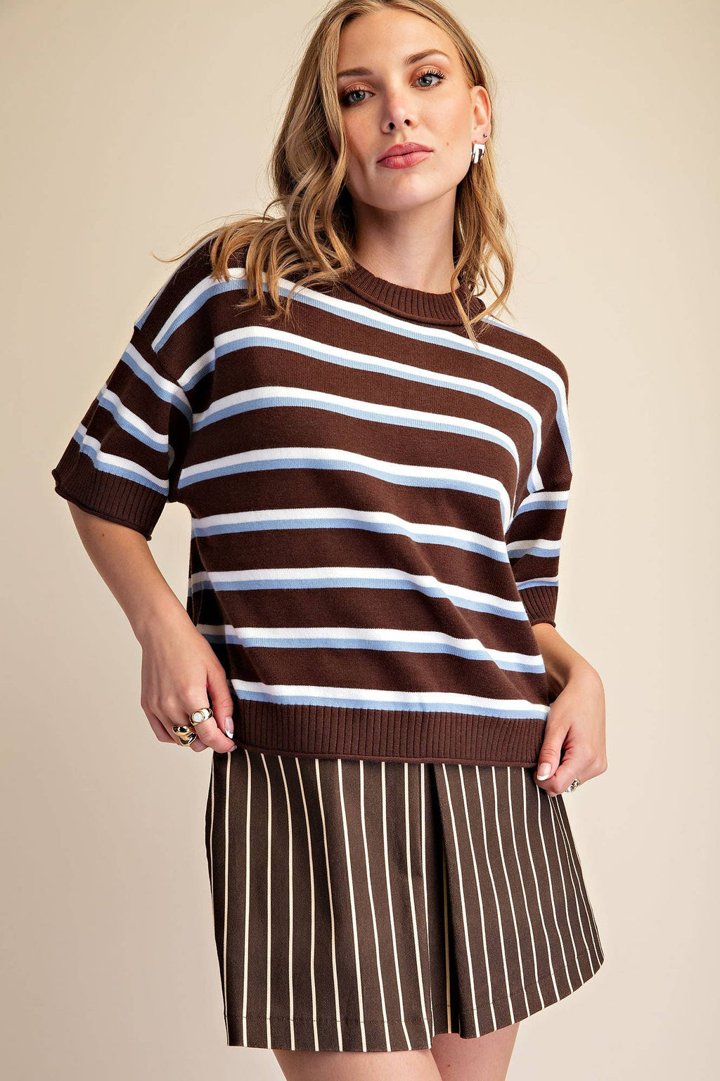 Crew-Neck Stripe Sweater: Brown / S