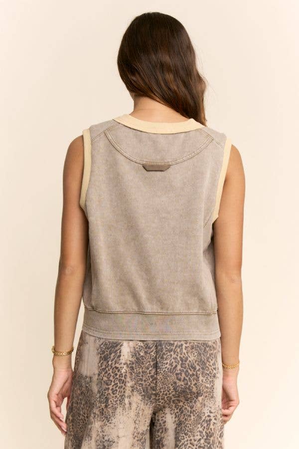 Washed Contrast Trim Sleeveless Lounge Top: Ash Khaki / S