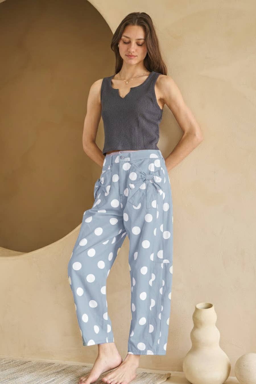Polka Dot Printed Barrel Denim Pants: Ivory / L