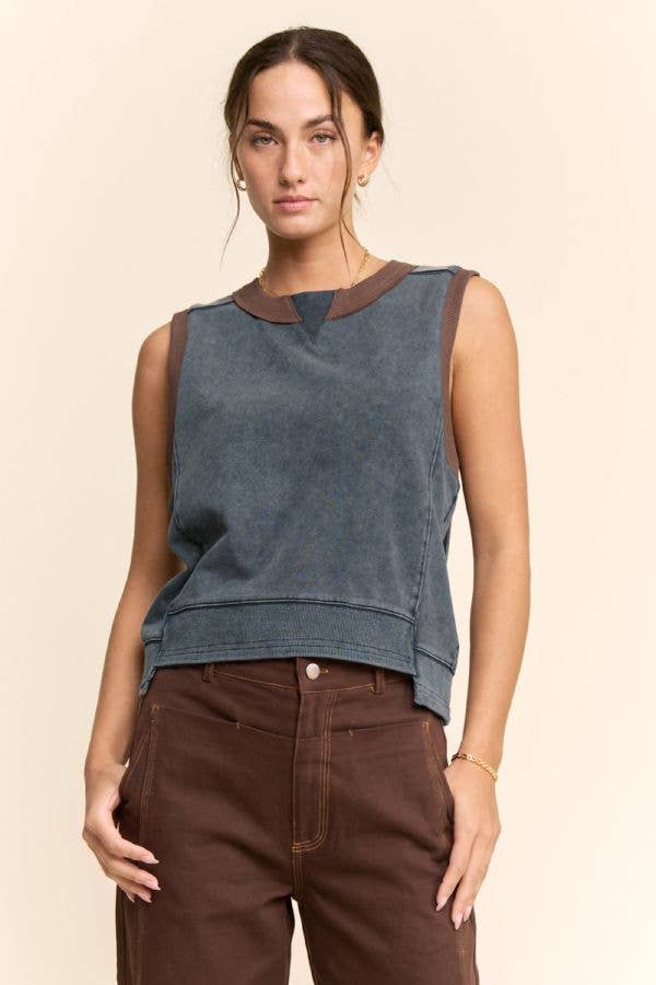 Washed Contrast Trim Sleeveless Lounge Top: Ash Khaki / M