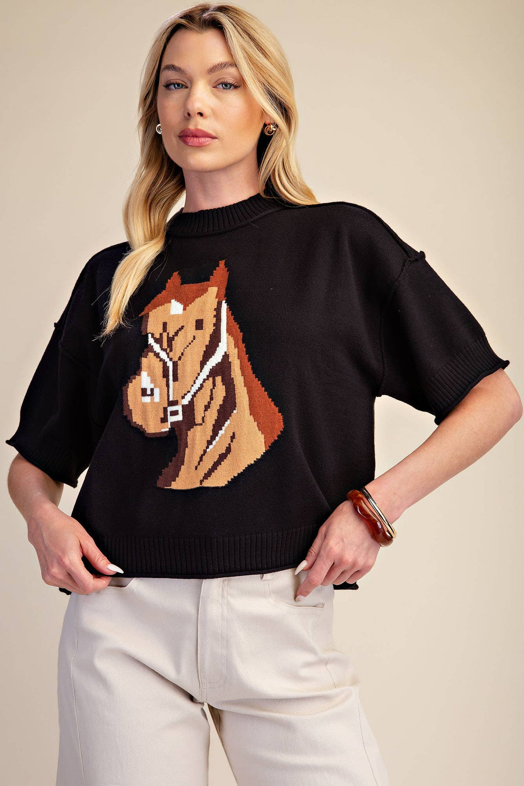 Western Horse Crew Neck Sweater: Camel / M