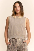 Washed Contrast Trim Sleeveless Lounge Top: Ash Khaki / L