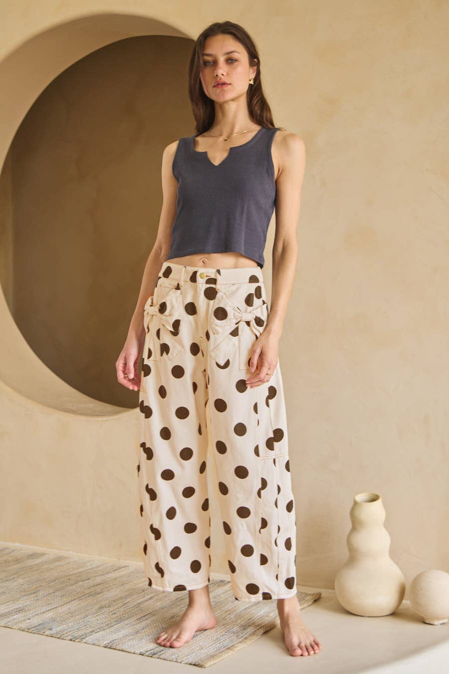 Polka Dot Printed Barrel Denim Pants: Ivory / S