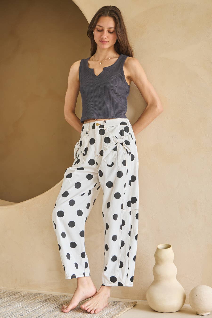 Polka Dot Printed Barrel Denim Pants: Ivory / L