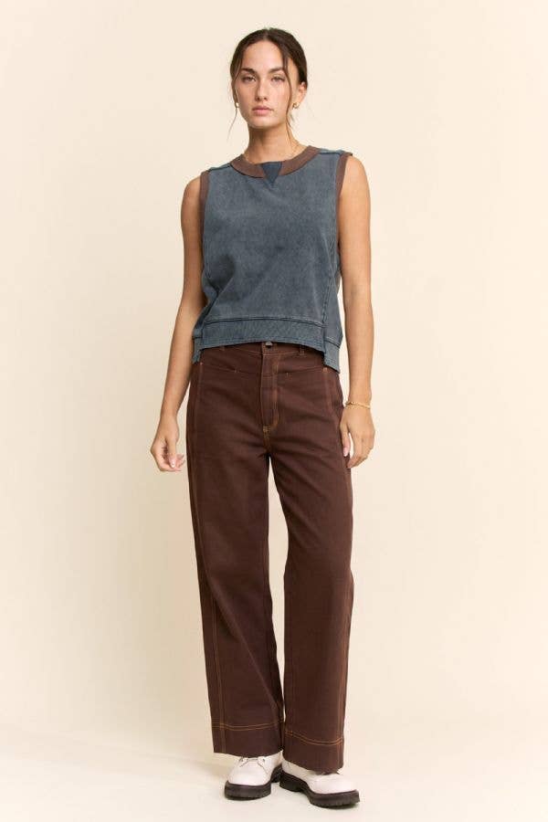 Washed Contrast Trim Sleeveless Lounge Top: Ash Khaki / L