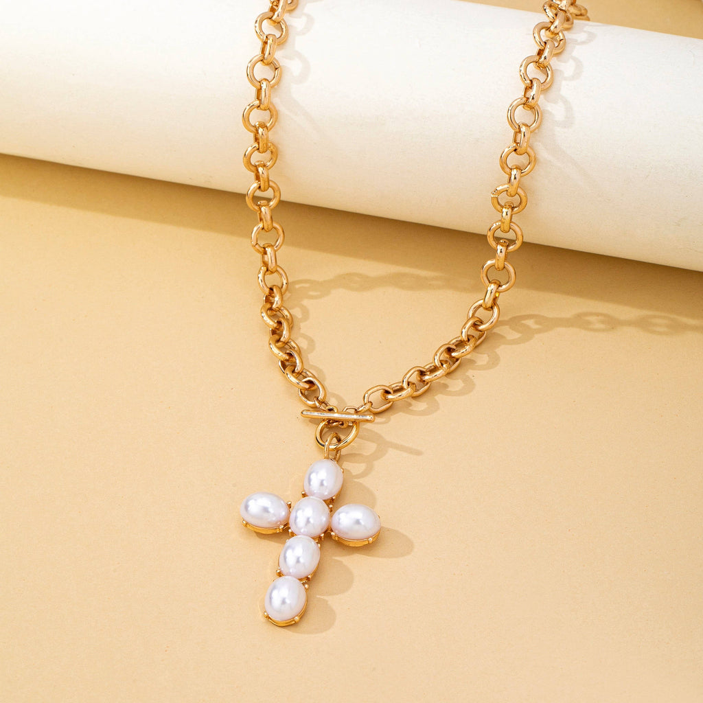 Large Pearl Cross Toggle Necklace | 80N93068: Gold