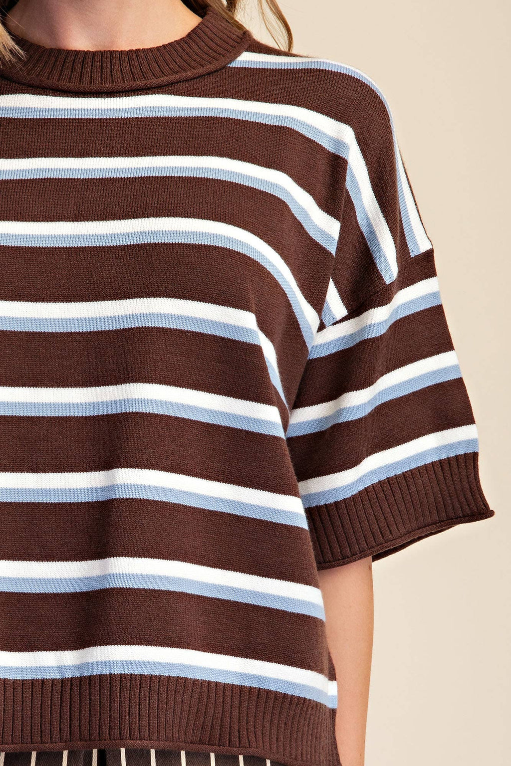 Crew-Neck Stripe Sweater: Brown / M