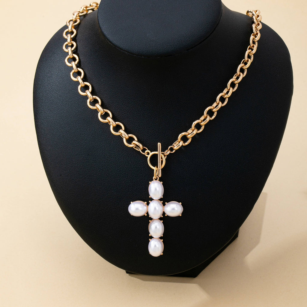 Large Pearl Cross Toggle Necklace | 80N93068: Gold