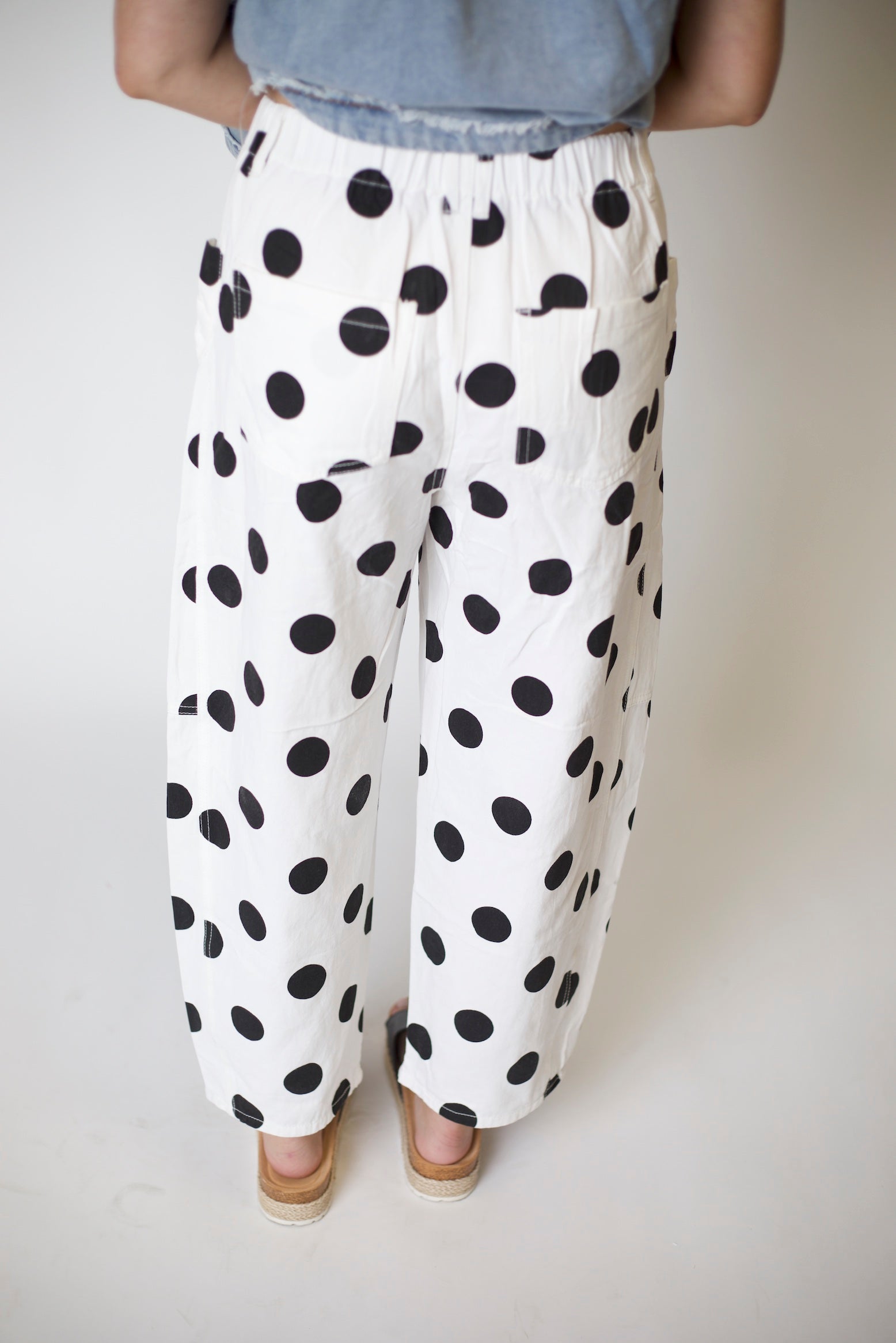 Polka Dot Printed Barrel Denim Pants