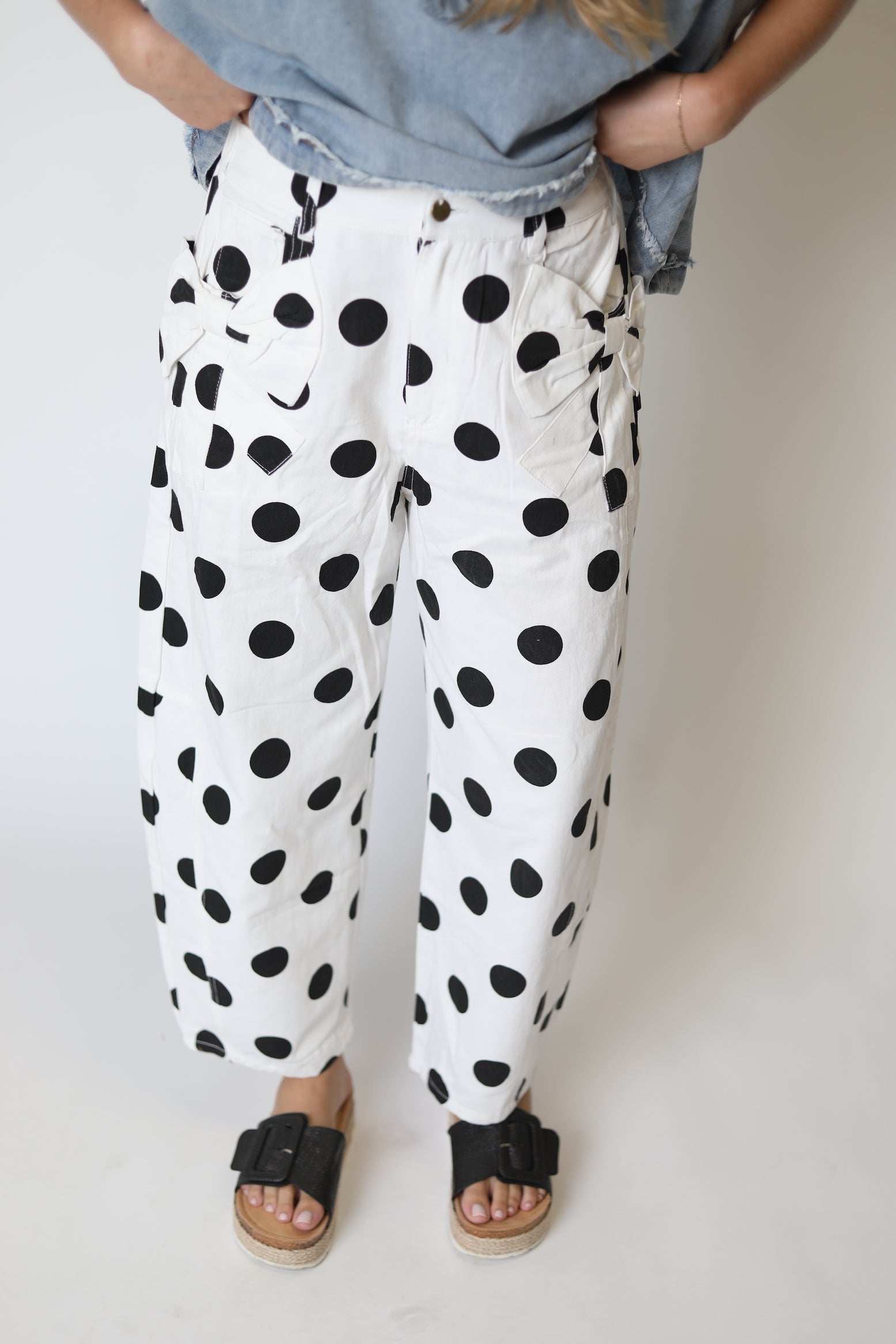 Polka Dot Printed Barrel Denim Pants