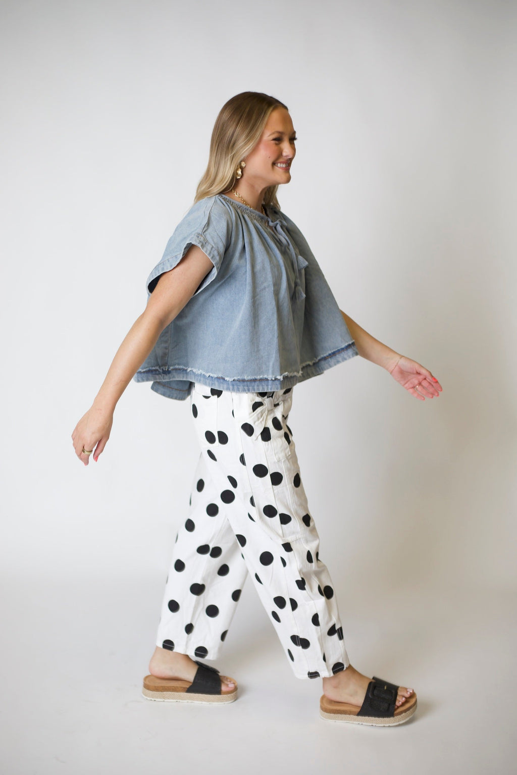 Polka Dot Printed Barrel Denim Pants