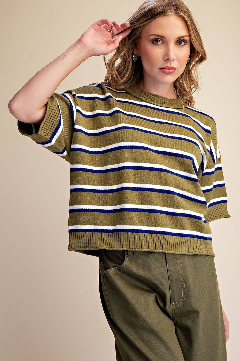 Crew-Neck Stripe Sweater: Brown / M