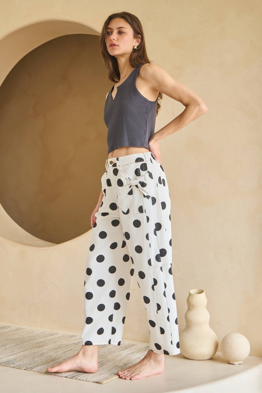 Polka Dot Printed Barrel Denim Pants: Ivory / M