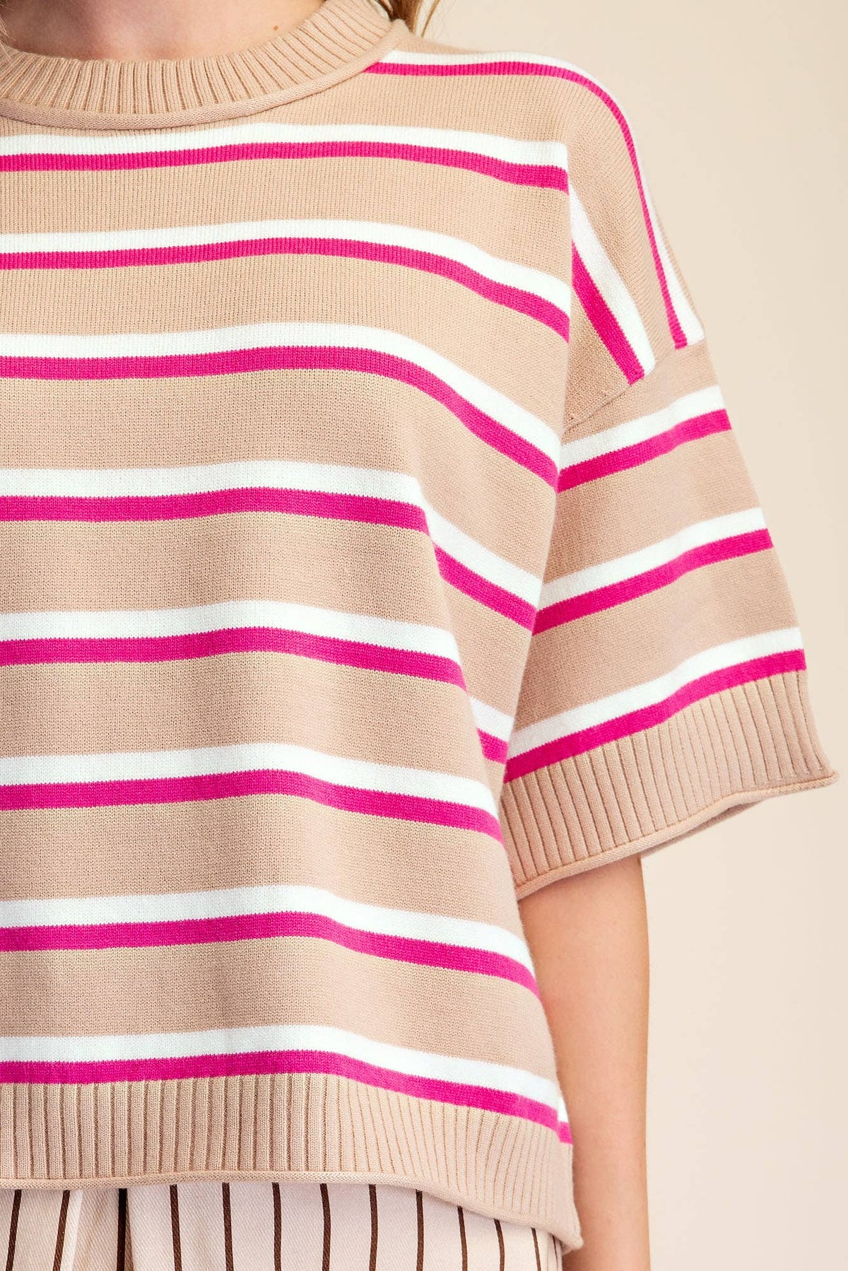 Crew-Neck Stripe Sweater: Brown / S