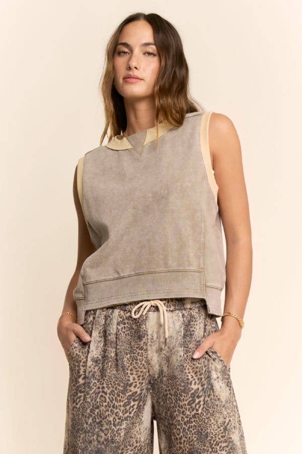 Washed Contrast Trim Sleeveless Lounge Top: Ash Khaki / L