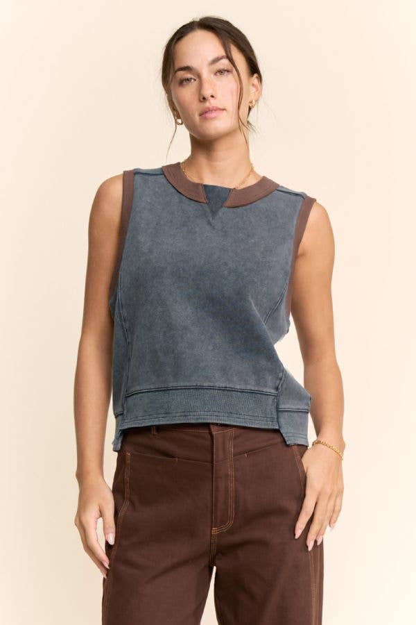Washed Contrast Trim Sleeveless Lounge Top: Ash Khaki / M