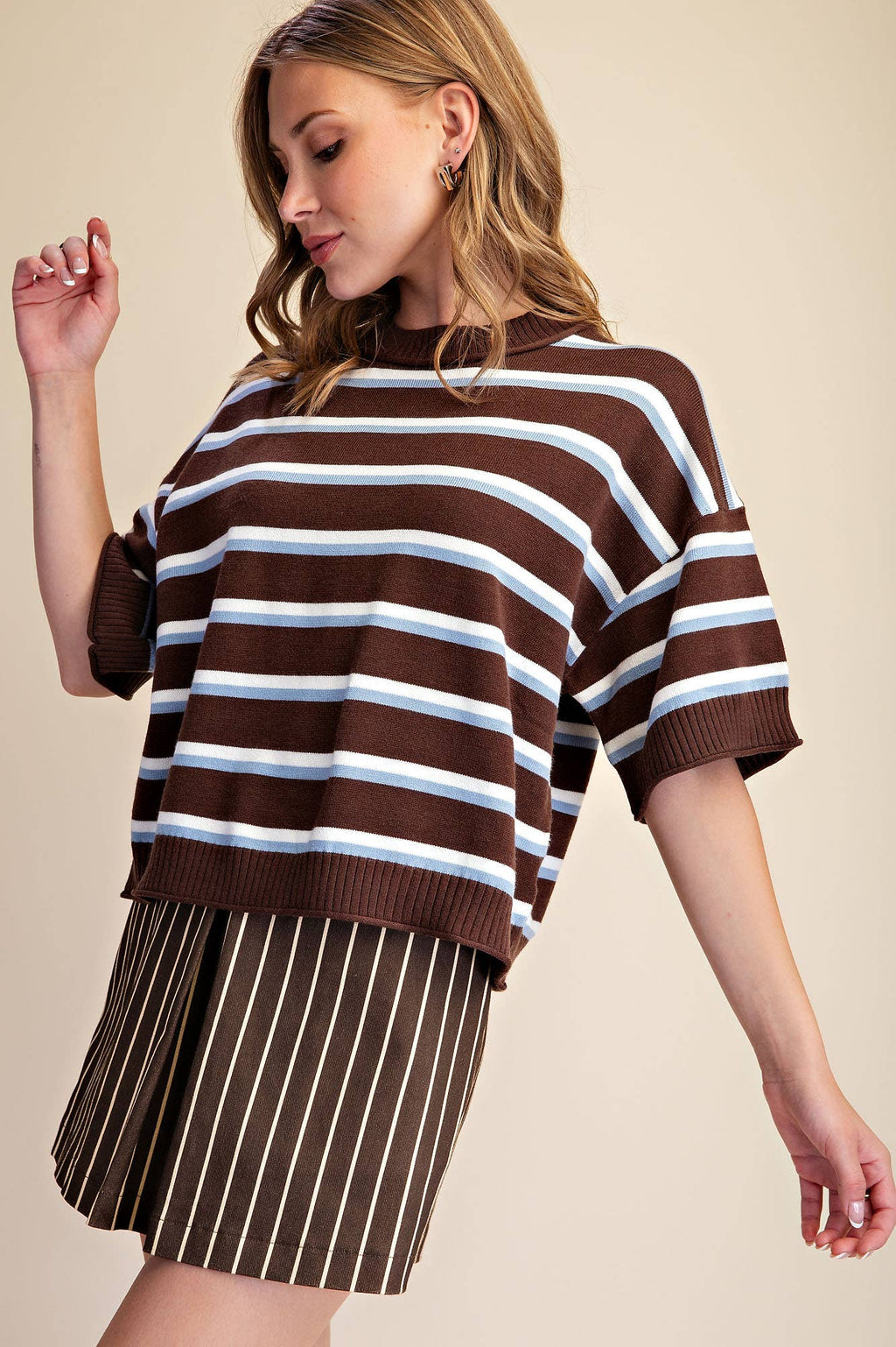 Crew-Neck Stripe Sweater: Brown / L