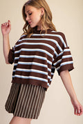 Crew-Neck Stripe Sweater: Brown / L