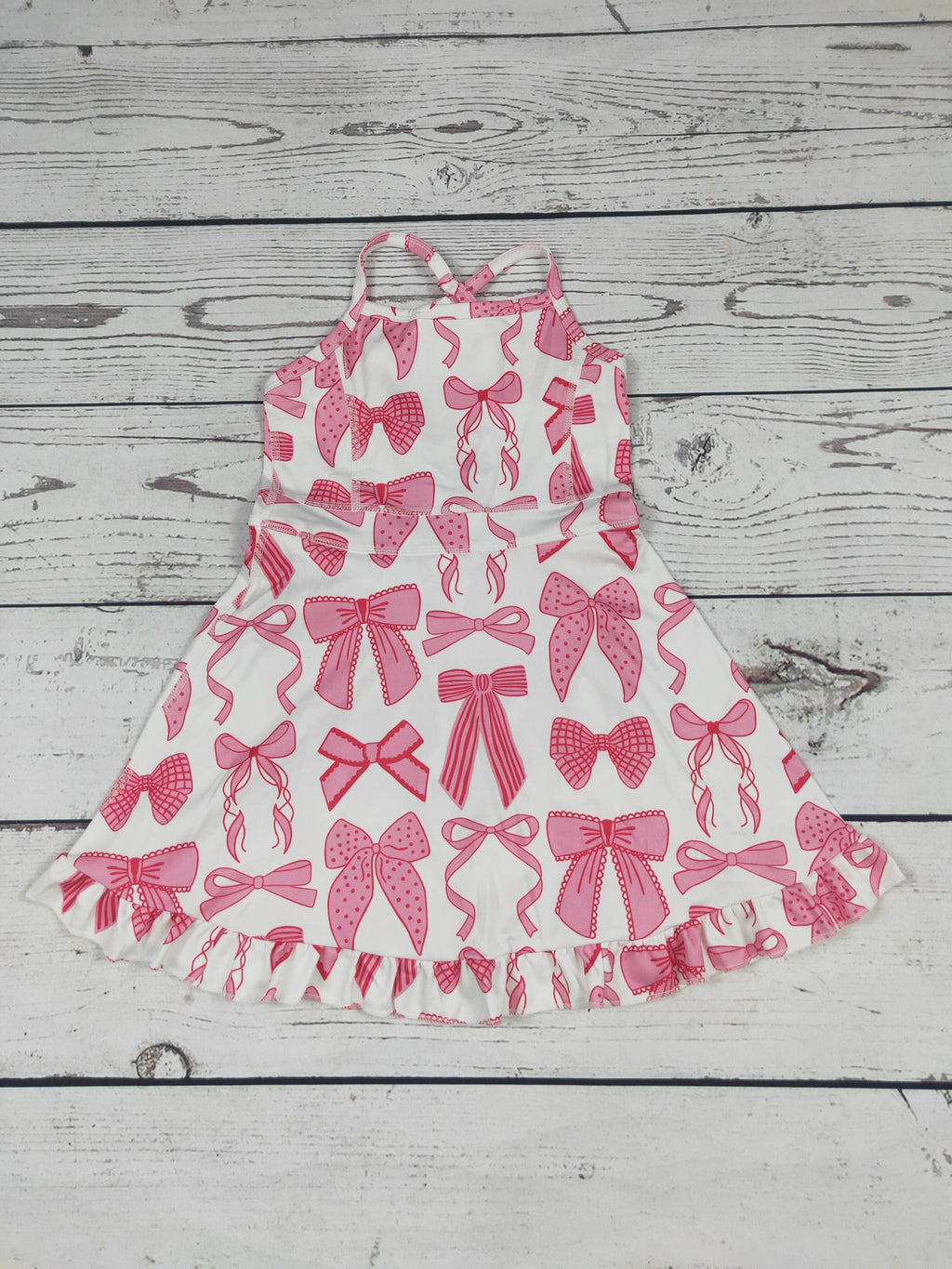Pink Bow Print Girls Athletic Dresses: 2T
