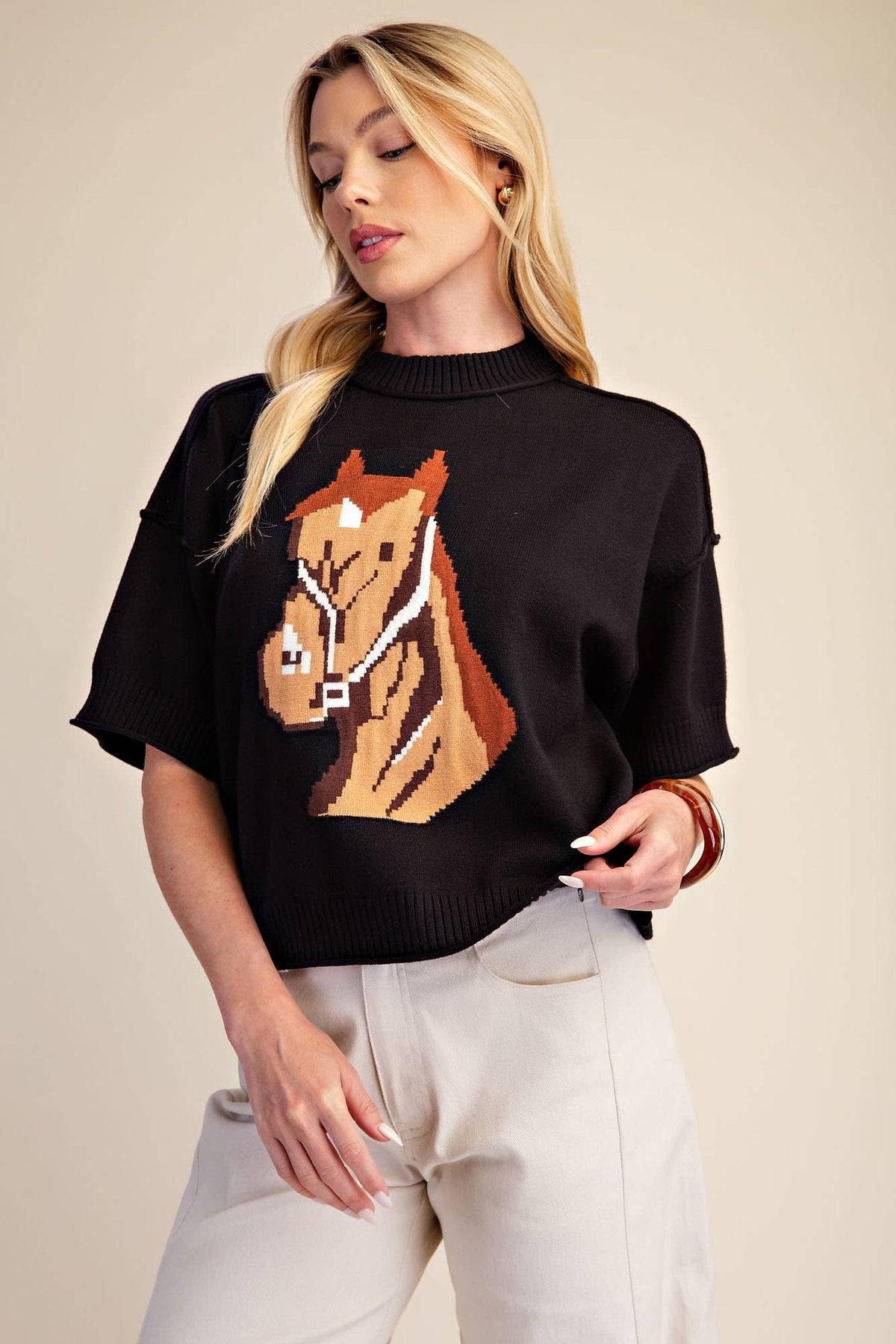 Western Horse Crew Neck Sweater: Camel / L