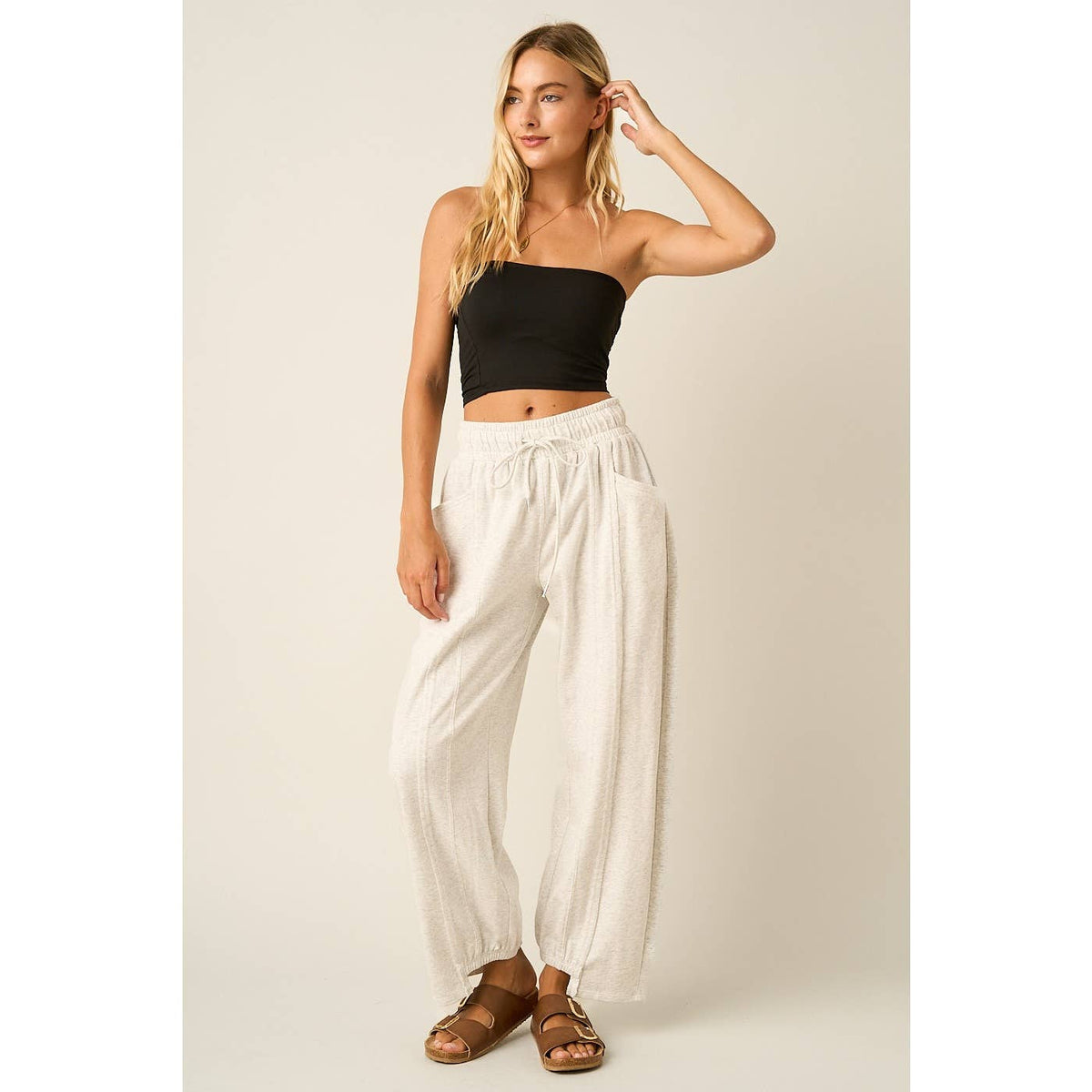 SEAM DETAIL DRAWSTRING BARREL LEG CASUAL PANTS: CHOCOLATE / S-M-L(2-2-2)