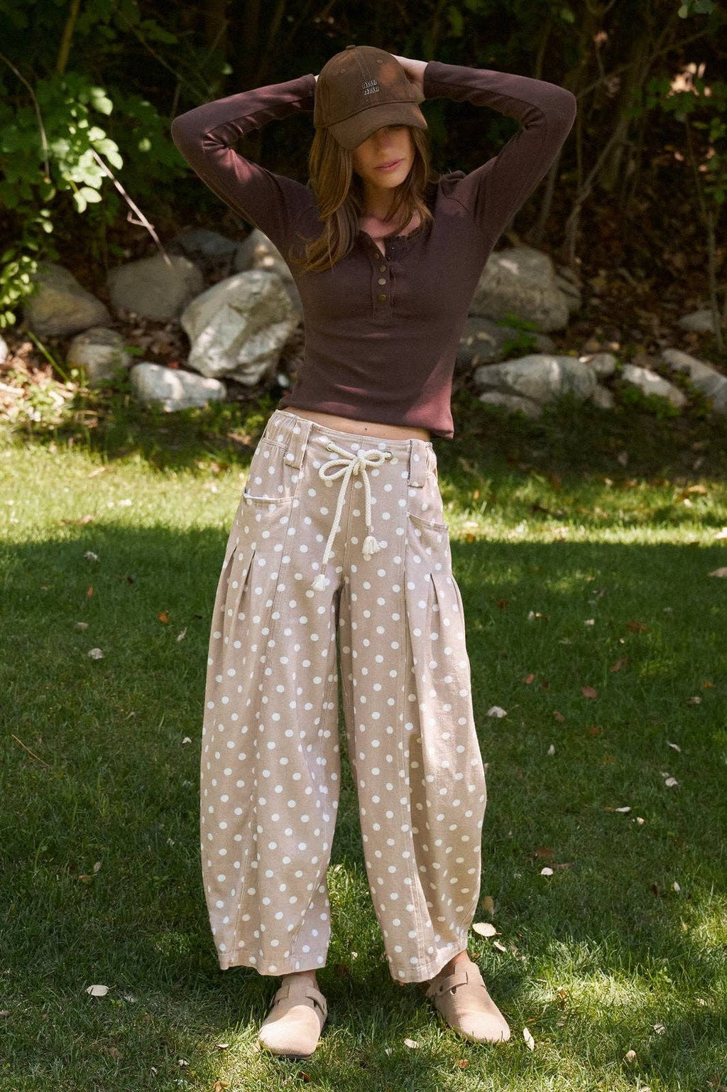 Polka Dot Barrel Leg Pants in Cotton Twill: Taupe / S-M-L