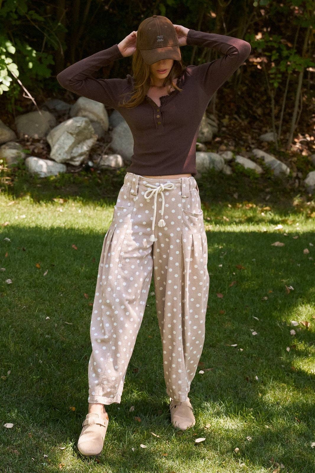 Polka Dot Barrel Leg Pants in Cotton Twill: Taupe / S-M-L