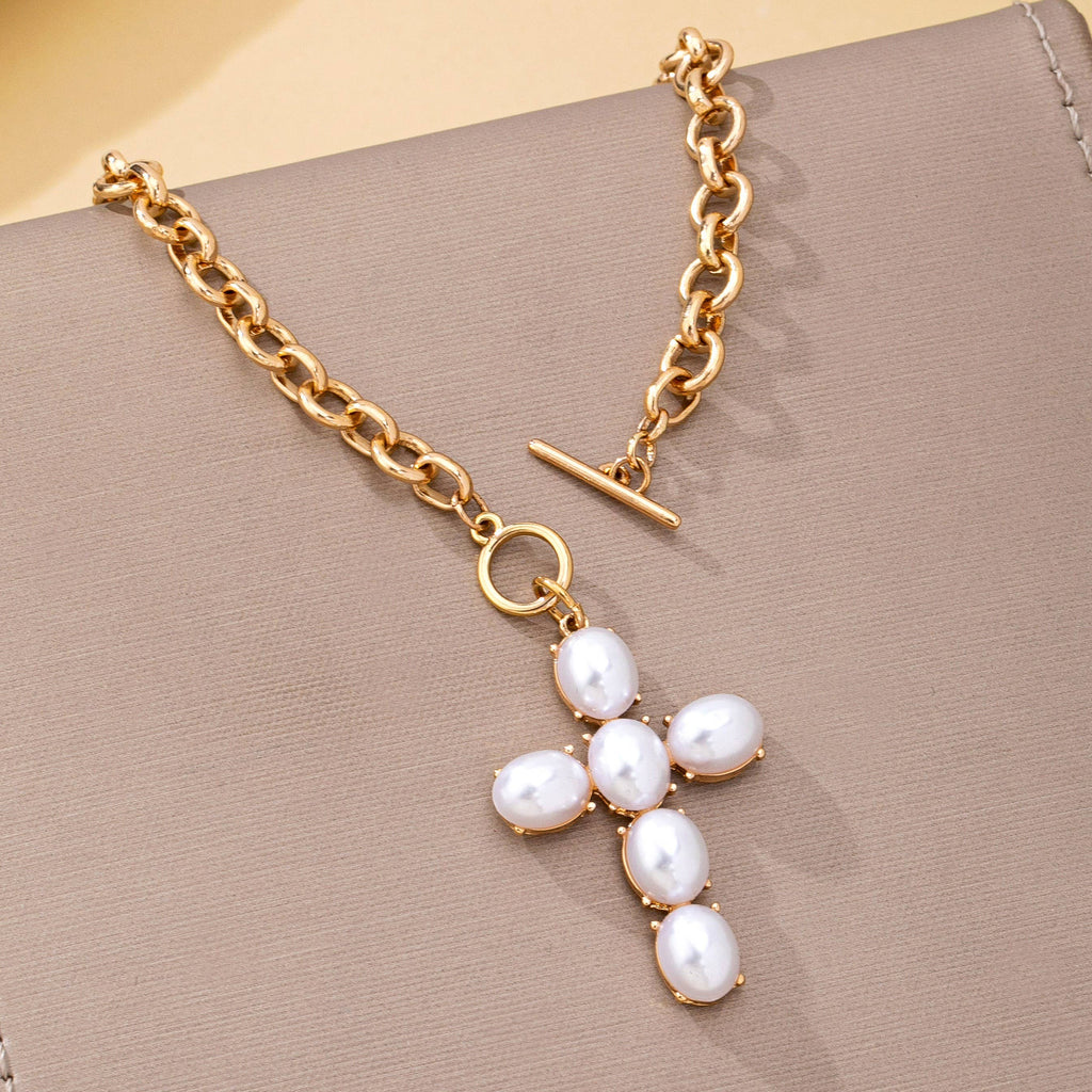 Large Pearl Cross Toggle Necklace | 80N93068: Gold