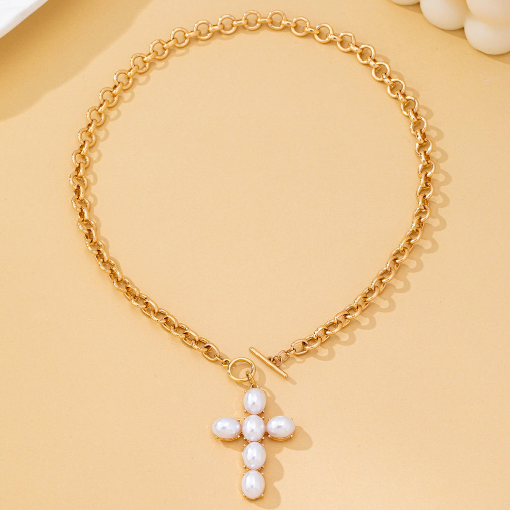 Large Pearl Cross Toggle Necklace | 80N93068: Gold