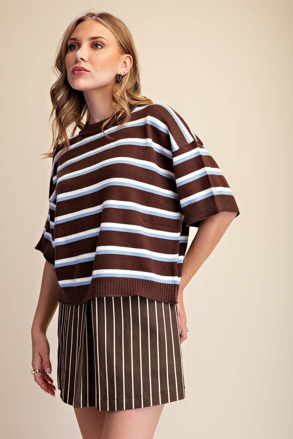 Crew-Neck Stripe Sweater: Brown / L