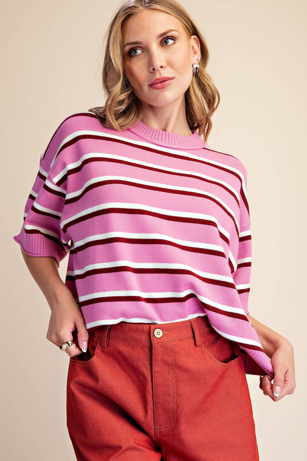 Crew-Neck Stripe Sweater: Brown / L