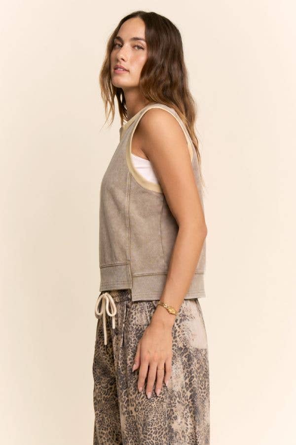 Washed Contrast Trim Sleeveless Lounge Top: Ash Khaki / L