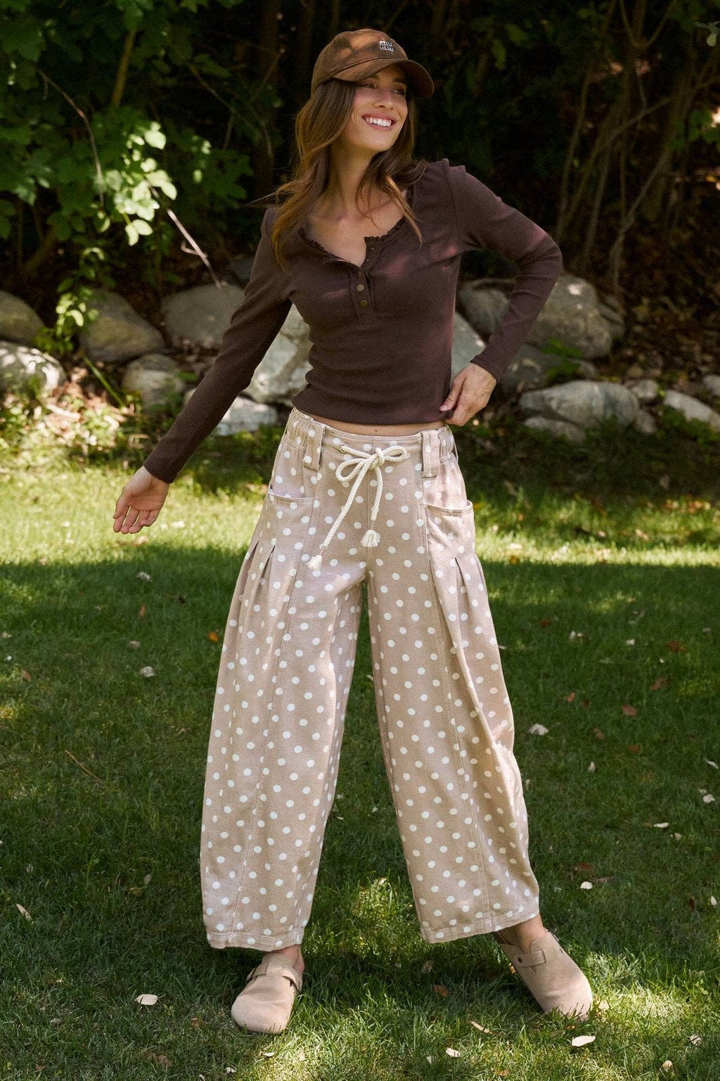 Polka Dot Barrel Leg Pants in Cotton Twill: Taupe / S-M-L