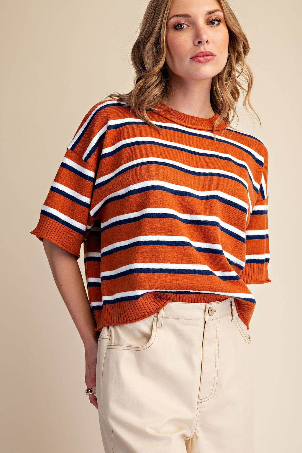Crew-Neck Stripe Sweater: Brown / L