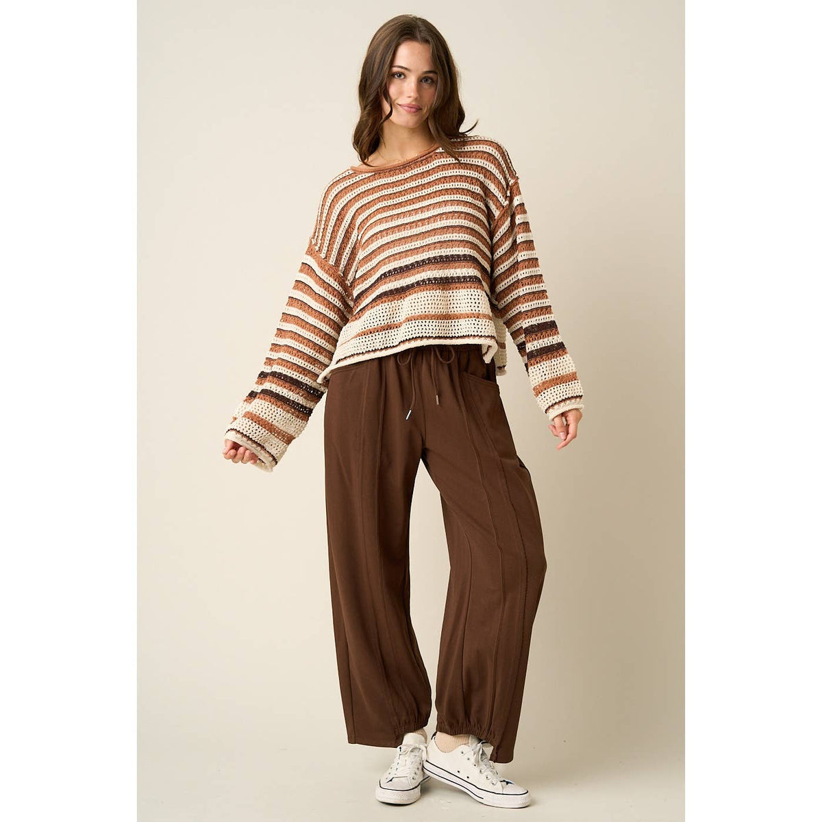 SEAM DETAIL DRAWSTRING BARREL LEG CASUAL PANTS: CHOCOLATE / S-M-L(2-2-2)