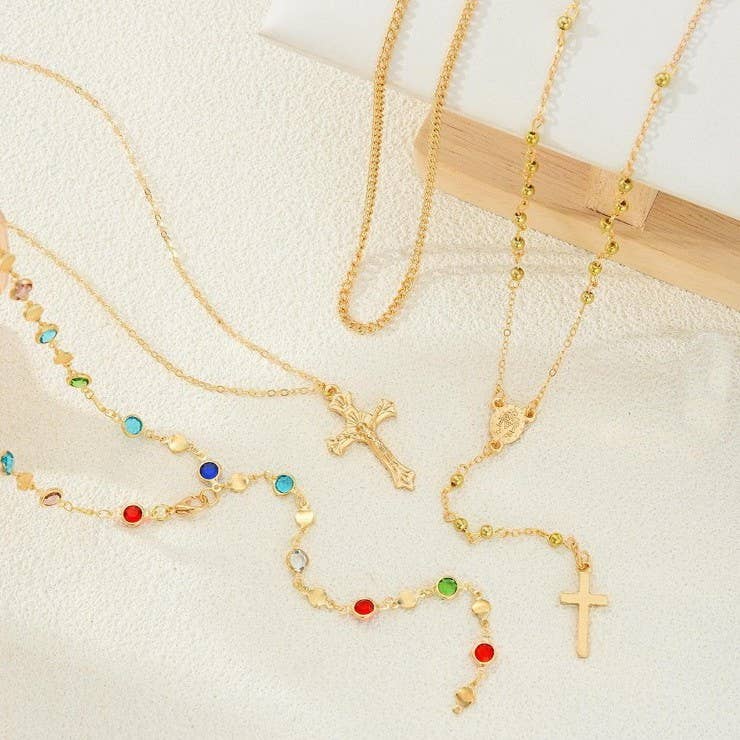 BOHO Y MULTI STONE CROSS LARIAT LAYER NECKLACE | 80N92467: GOLD