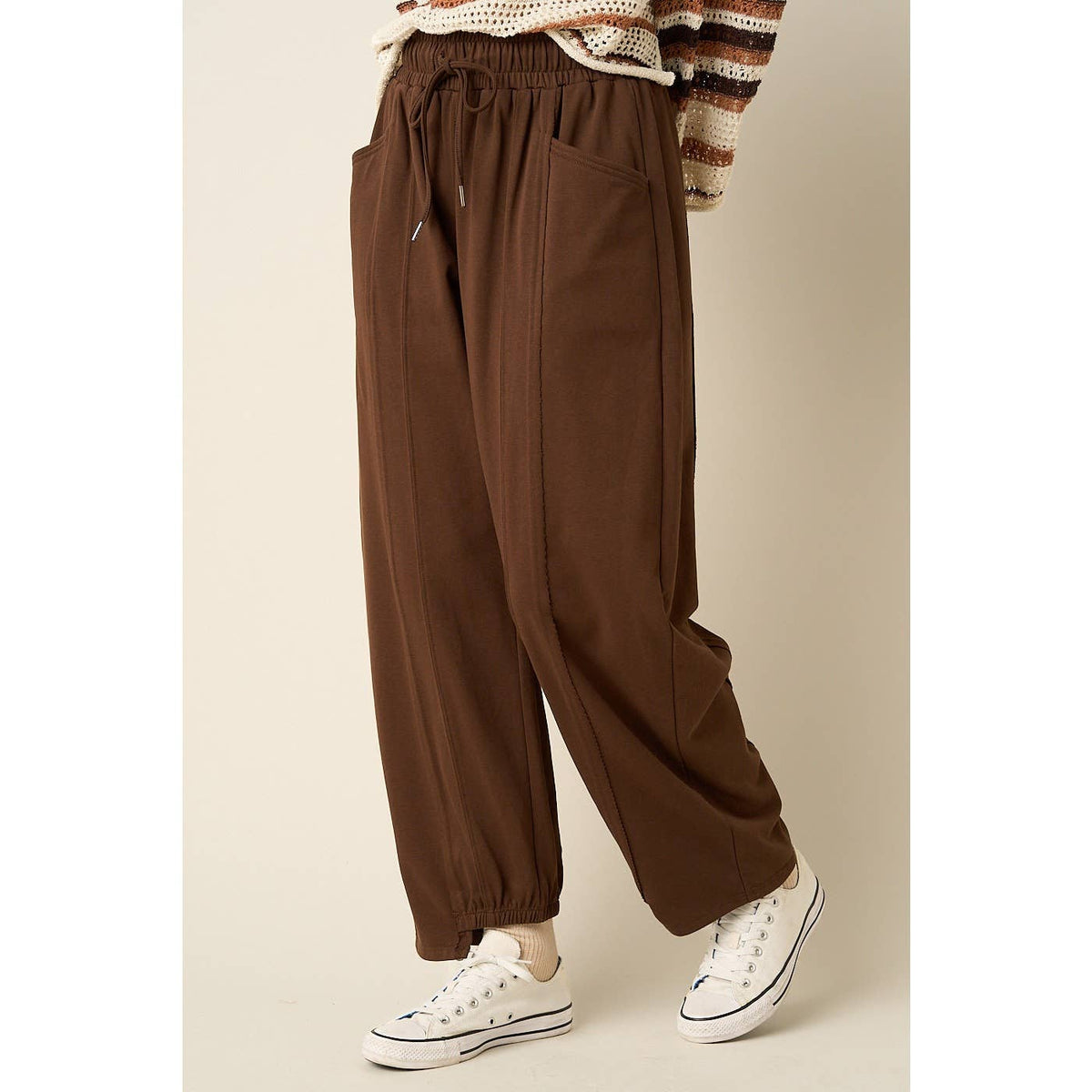 SEAM DETAIL DRAWSTRING BARREL LEG CASUAL PANTS: CHOCOLATE / S-M-L(2-2-2)