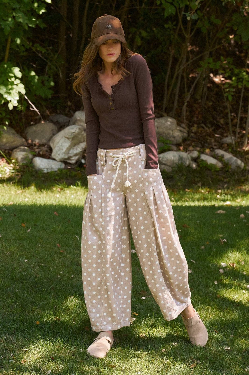 Polka Dot Barrel Leg Pants in Cotton Twill: Taupe / S-M-L