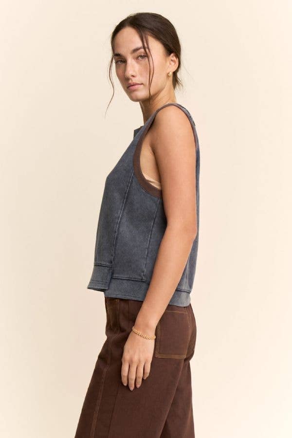 Washed Contrast Trim Sleeveless Lounge Top: Ash Khaki / L